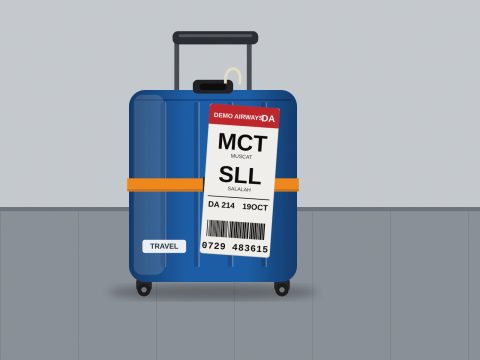 Blue rolling suitcase with airline tag