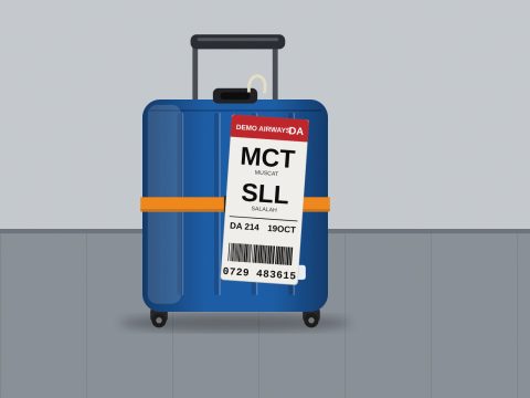 Blue rolling suitcase with orange strap